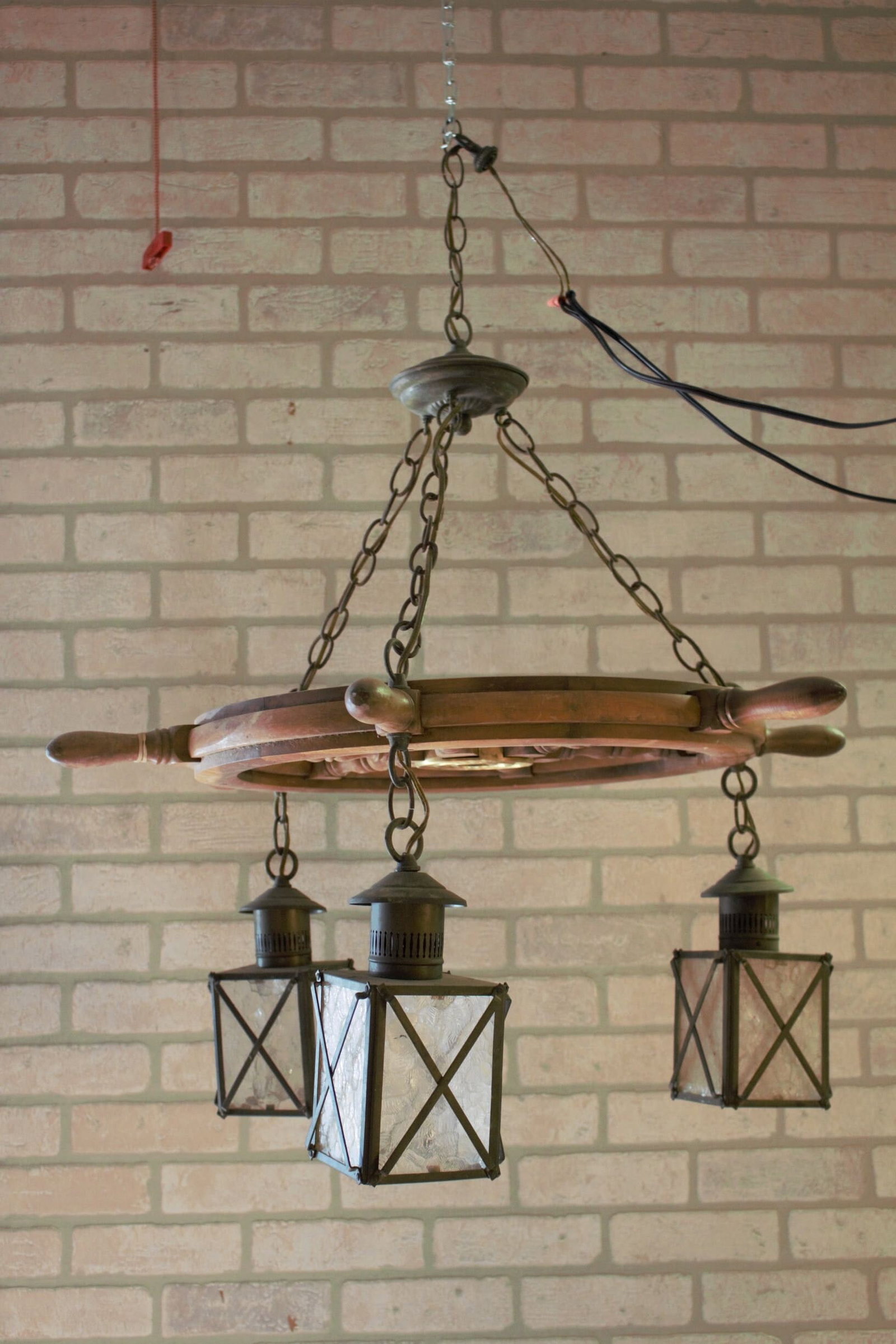Vintage Nautical Ship Wheel Chandelier with Three Lanterns - 3