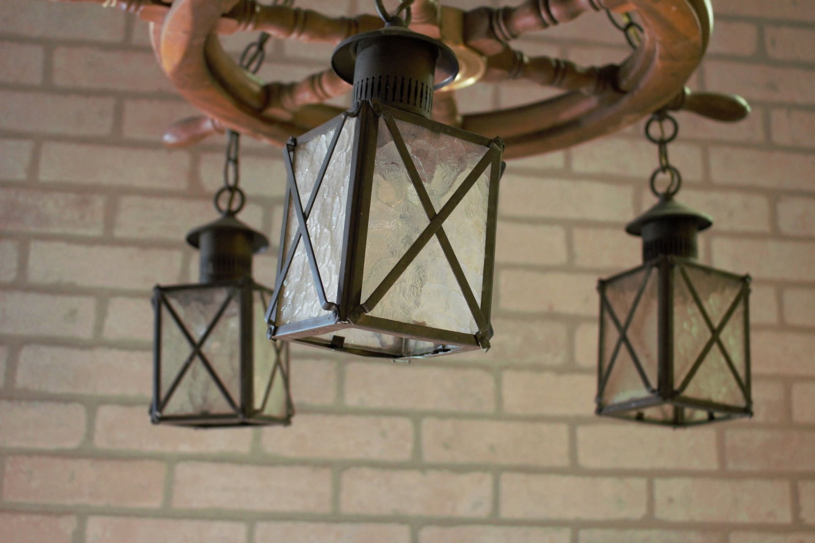 Vintage Nautical Ship Wheel Chandelier with Three Lanterns - 6