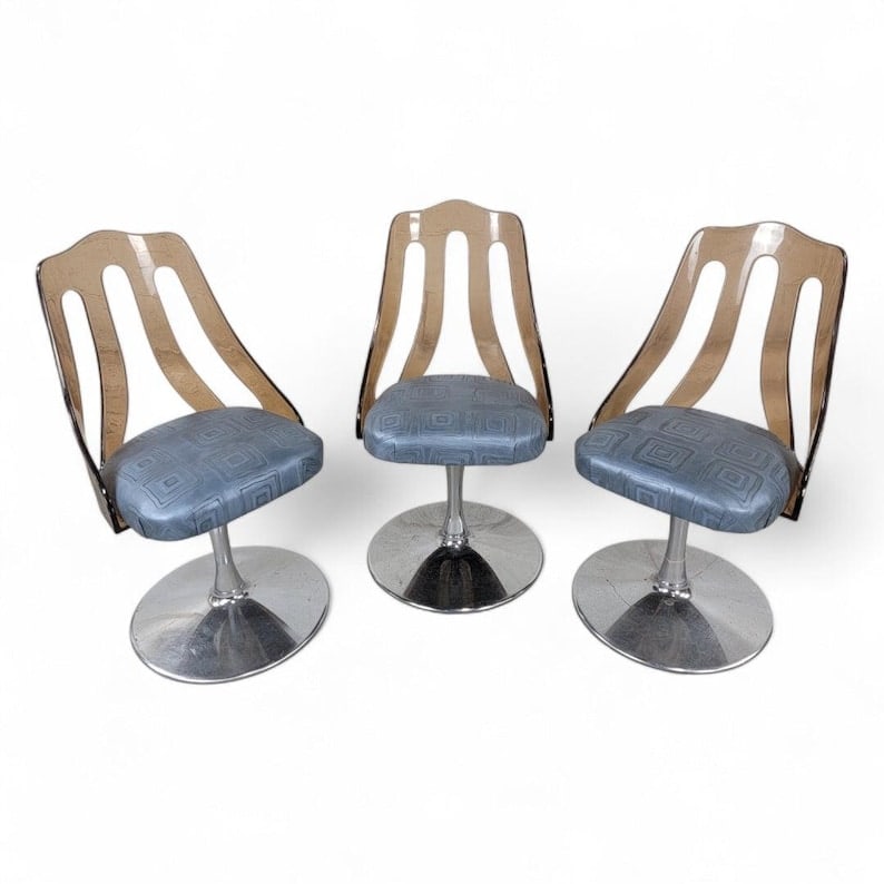 MCM Tulip Tinted Lucite Swivel Chairs Newly Reupholstered - 3: .Mid Century Modern Retro Space Age Chrome Tulip Tinted Lucite Curved Back Swivel Dining/Side Chairs New Reupholstered in Retro Embossed Patterned Leather - Set of 3 This set of three Mid Century
