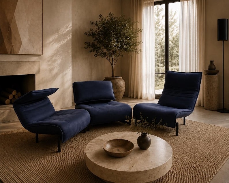 MCM Veranda Sofa by Cassina: Mid Century Modern Blue Three Seat Veranda Sofa by Vico Magistretti for Cassina for Upholstery This beautiful original deep blue adjustable 3-seat "Veranda" sofa designed by Vico Magistretti for