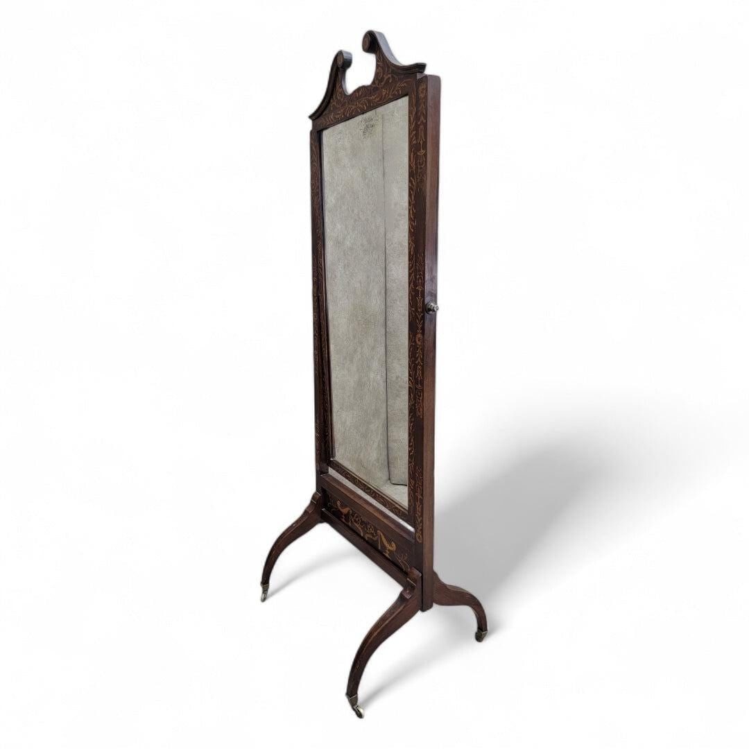 Antique Victorian Inlaid Castered Cheval Mirror - 4