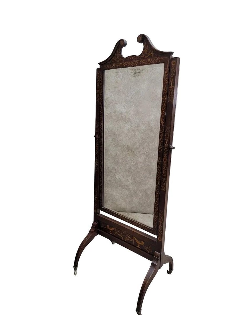 Antique Victorian Inlaid Castered Cheval Mirror - 6