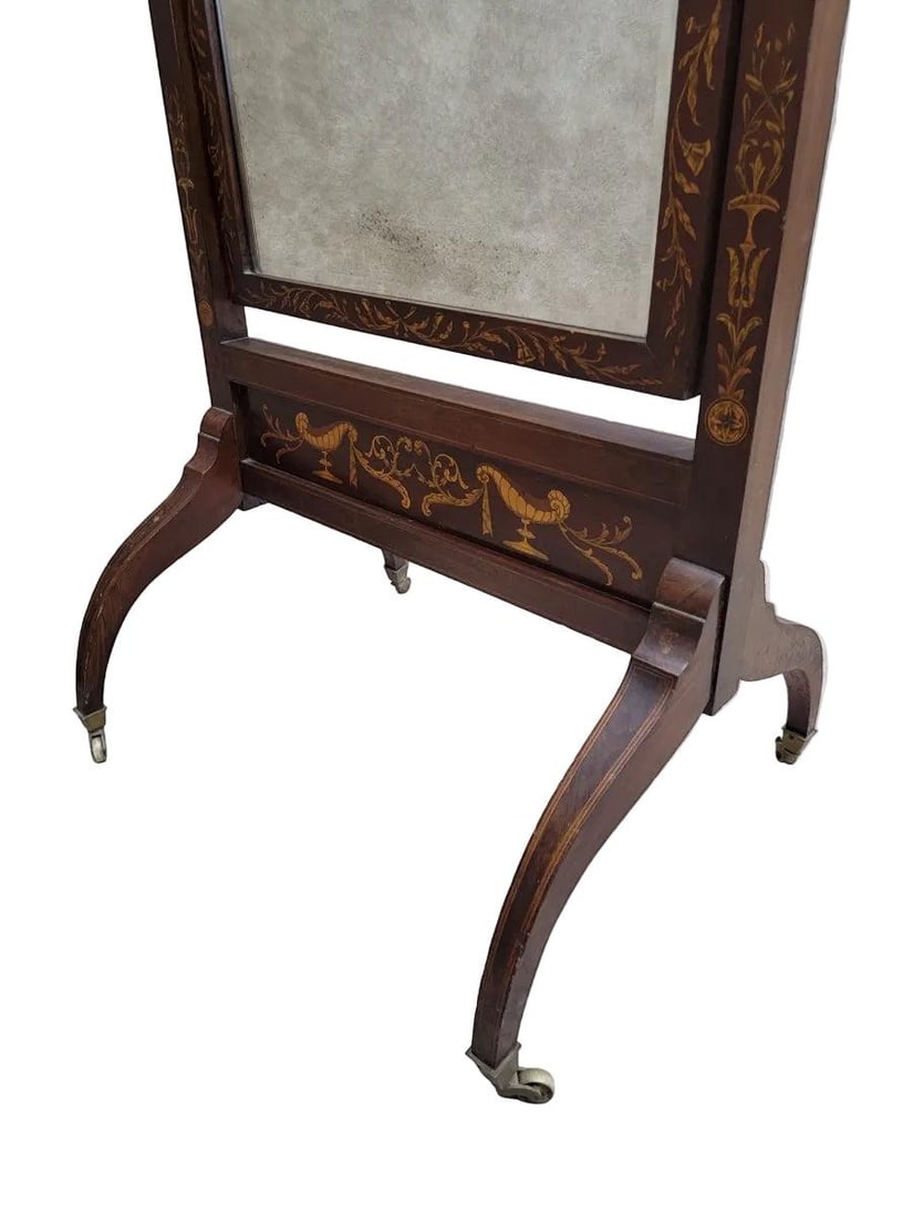 Antique Victorian Inlaid Castered Cheval Mirror - 7