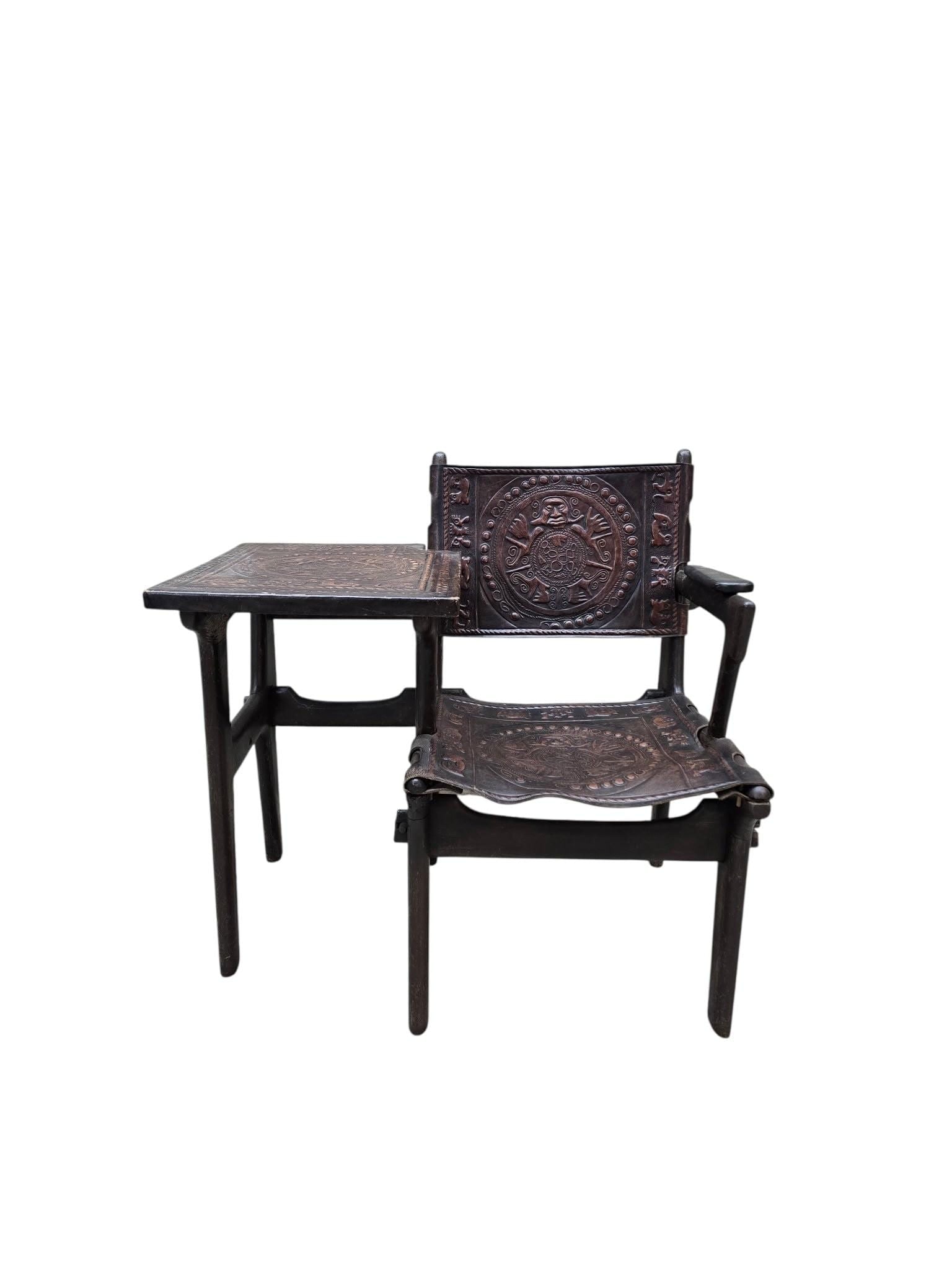 Vintage Rustic Tooled Leather Primitive Gossip Chair by Angel Pazmino - 3