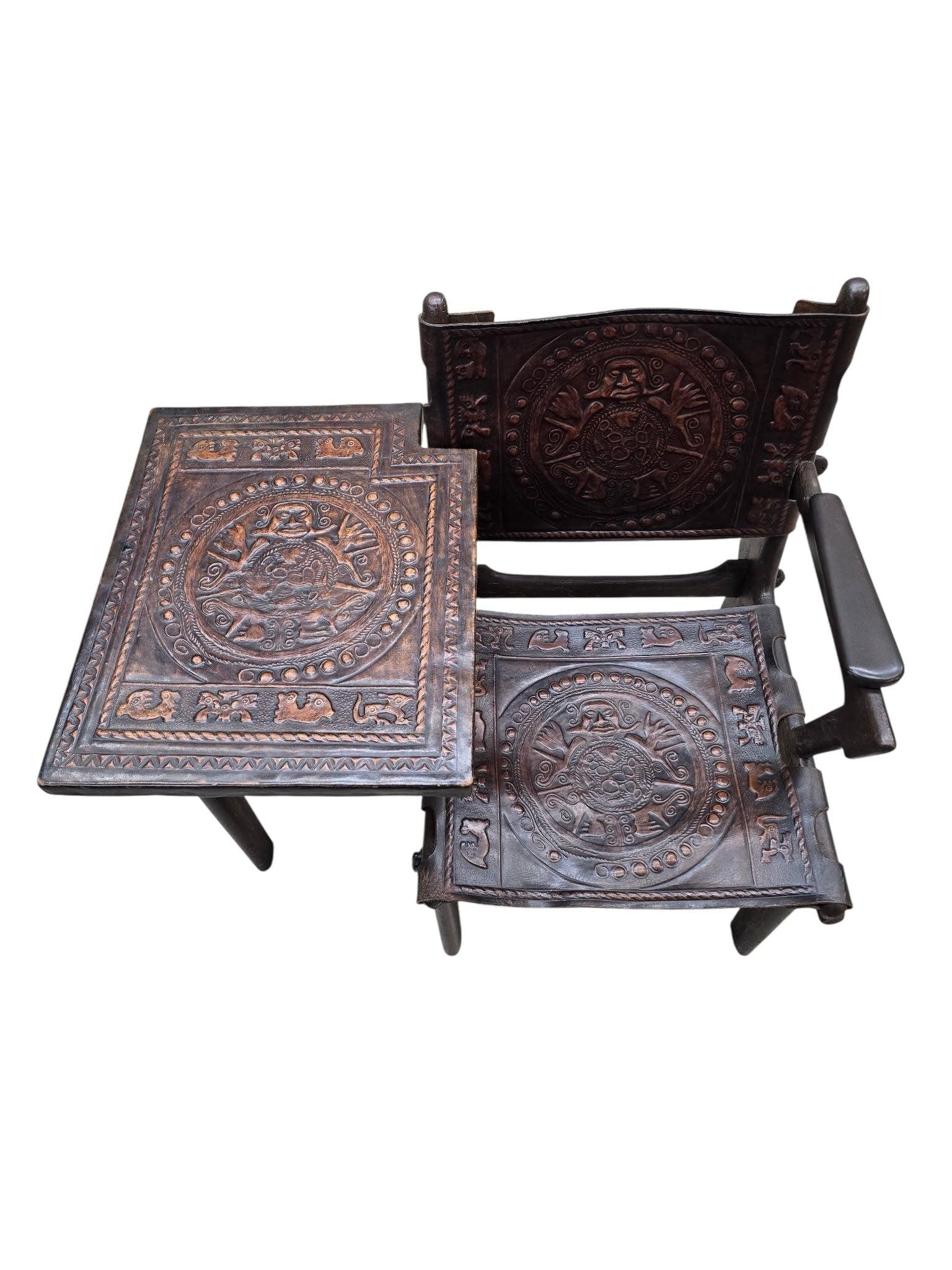 Vintage Rustic Tooled Leather Primitive Gossip Chair by Angel Pazmino - 4