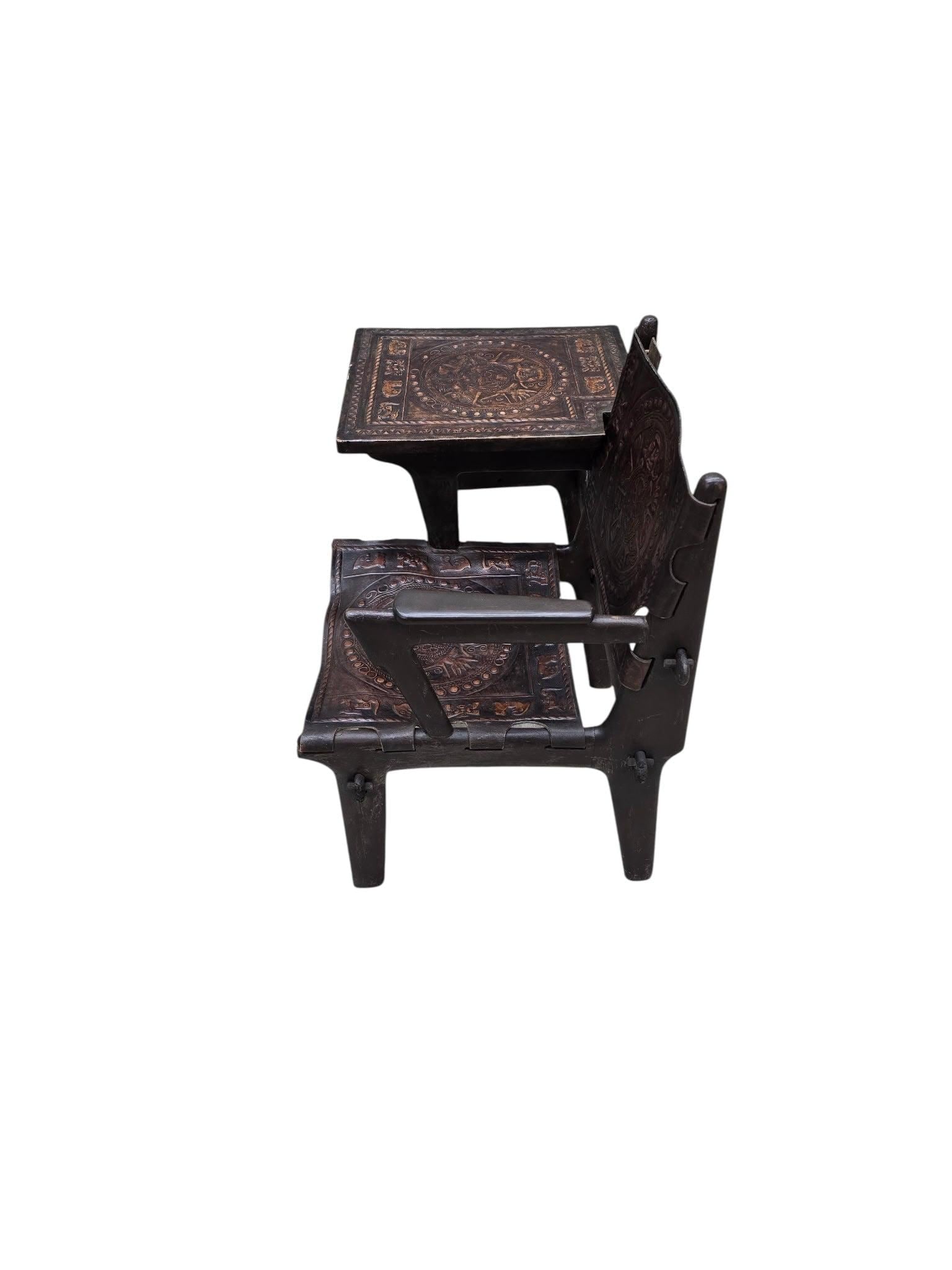 Vintage Rustic Tooled Leather Primitive Gossip Chair by Angel Pazmino - 5