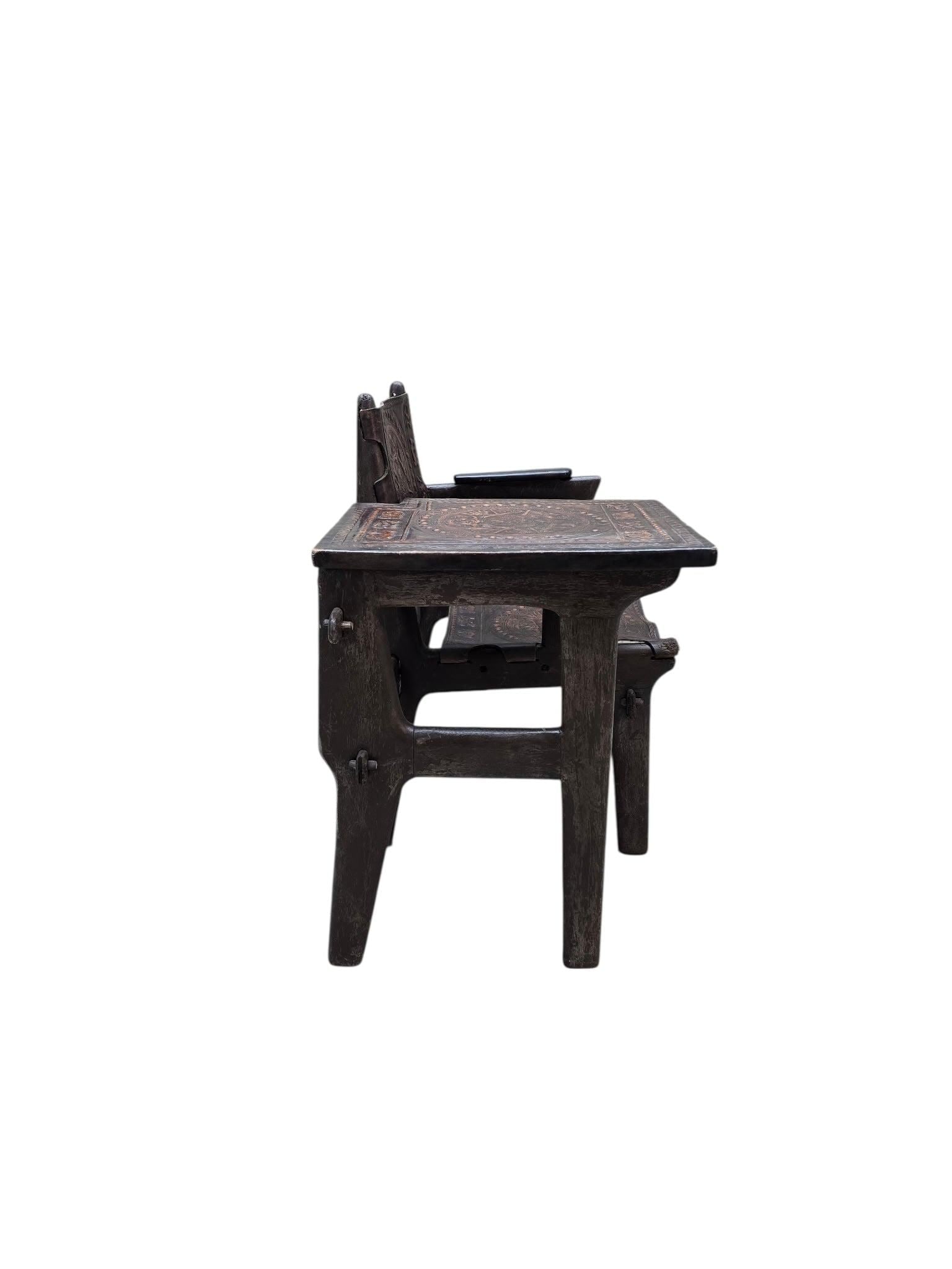 Vintage Rustic Tooled Leather Primitive Gossip Chair by Angel Pazmino - 6