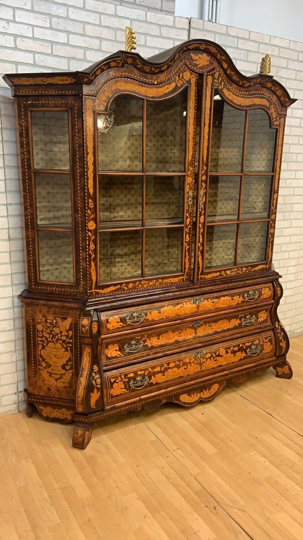 Antique Dutch Marquetry Vitrine Cabinet/Display Hutch - 3