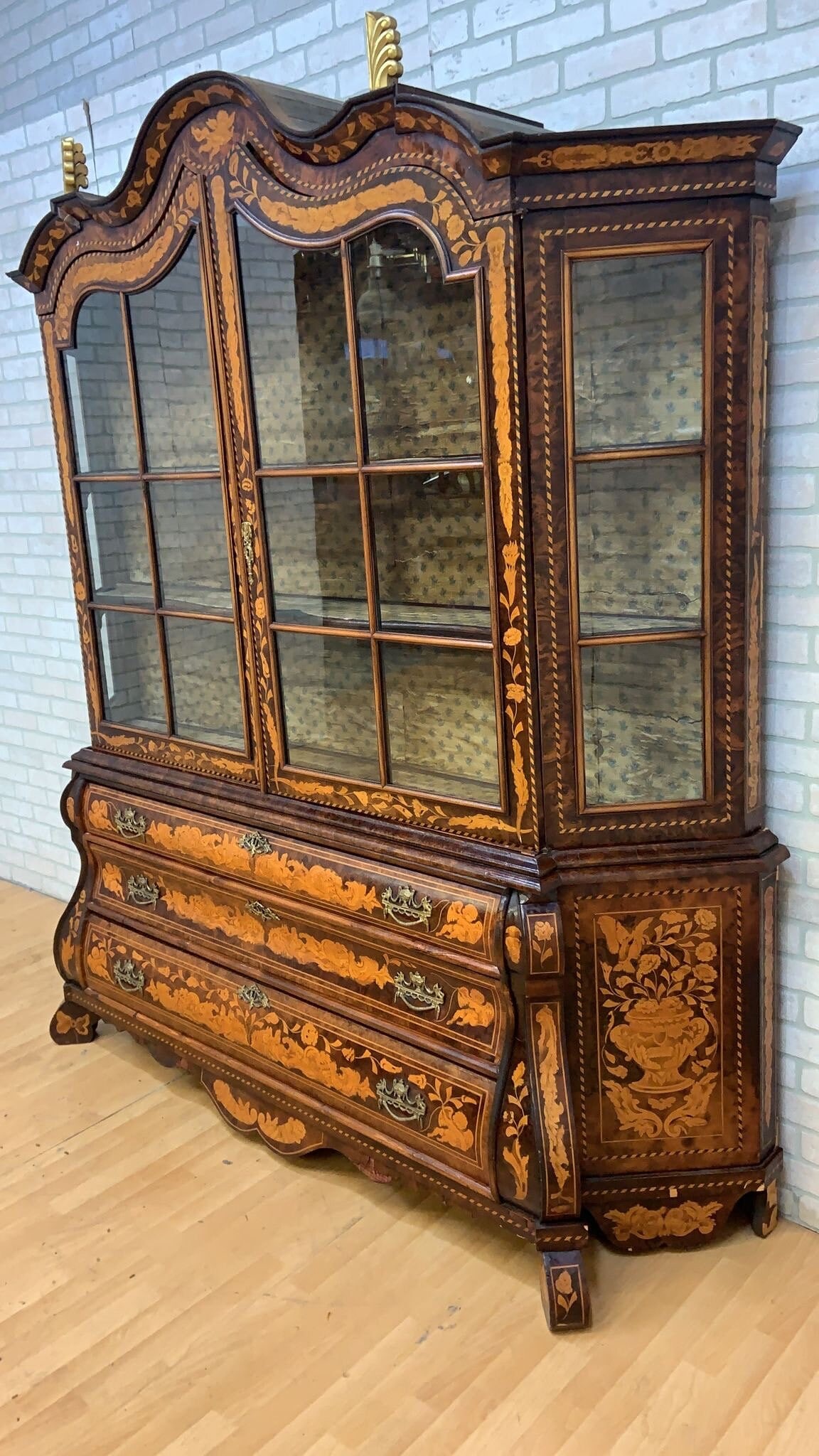 Antique Dutch Marquetry Vitrine Cabinet/Display Hutch - 4