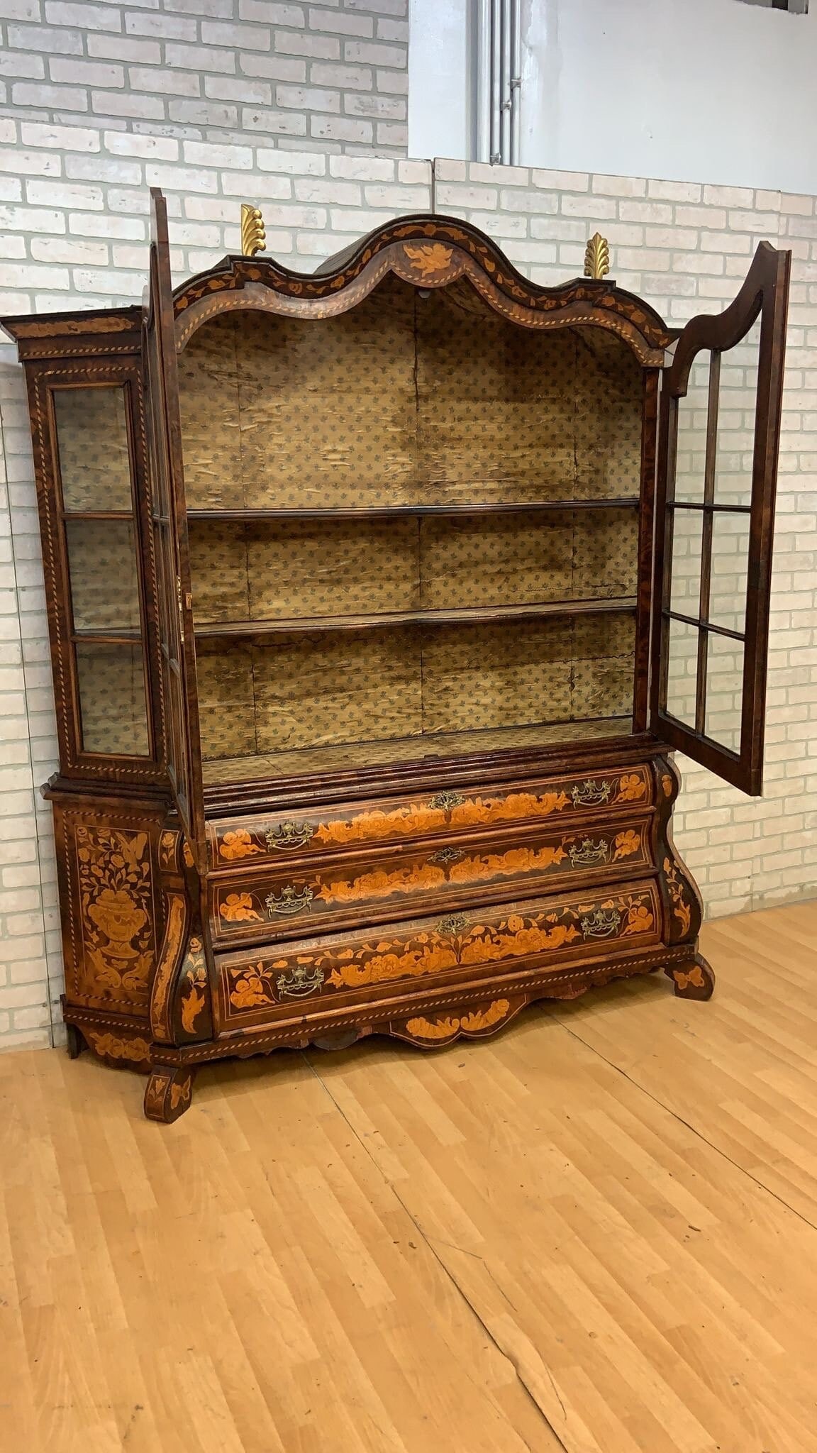 Antique Dutch Marquetry Vitrine Cabinet/Display Hutch - 6