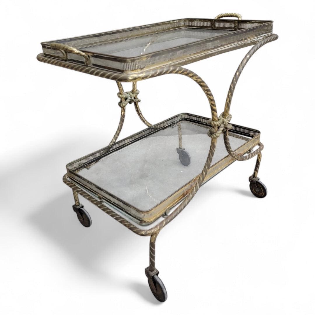 Mid Century French Bagues Style Brass Rope Bar Cart - 2