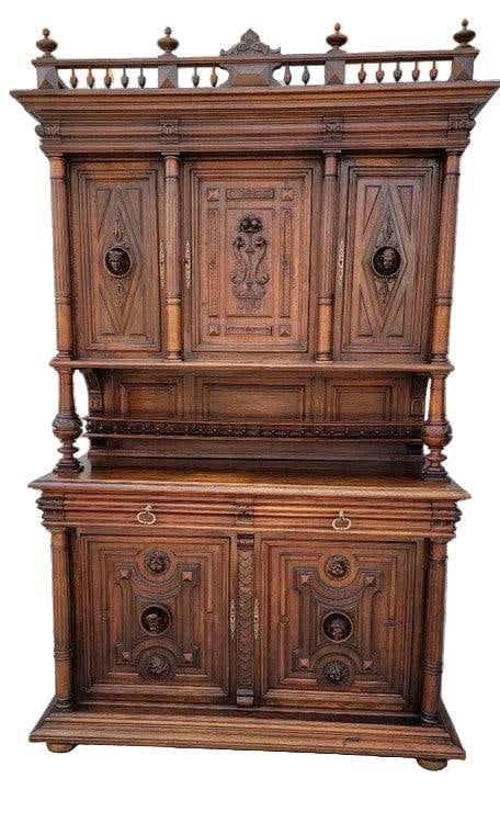 Antique French Gothic Figural Carved Chateau Sideboard Cabinet - 2