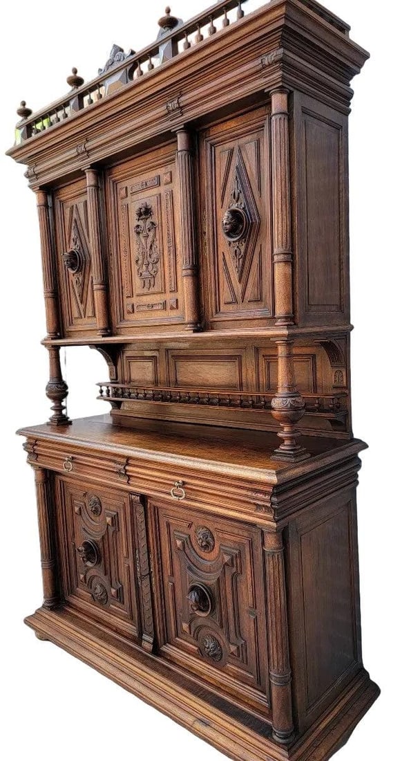 Antique French Gothic Figural Carved Chateau Sideboard Cabinet - 5