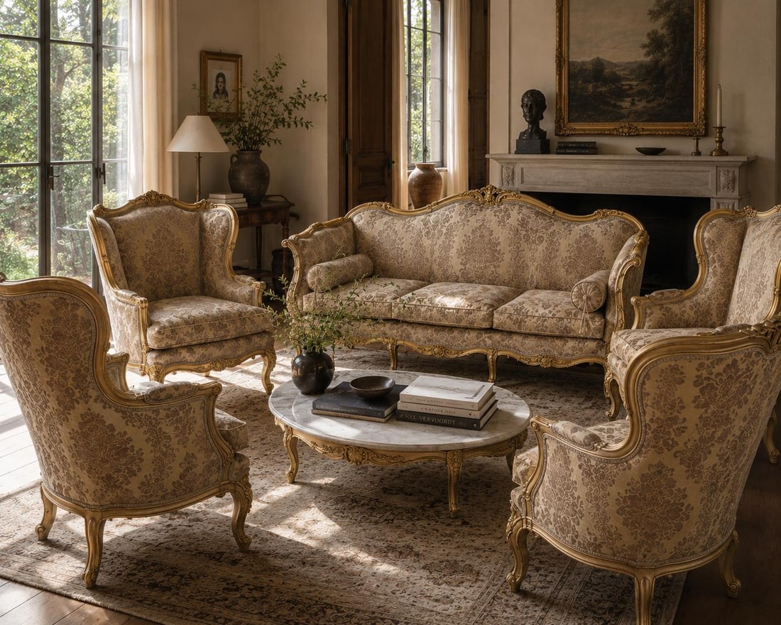 Antique French Regency Style Carved Gilded 5 Piece Parlor Set - 2