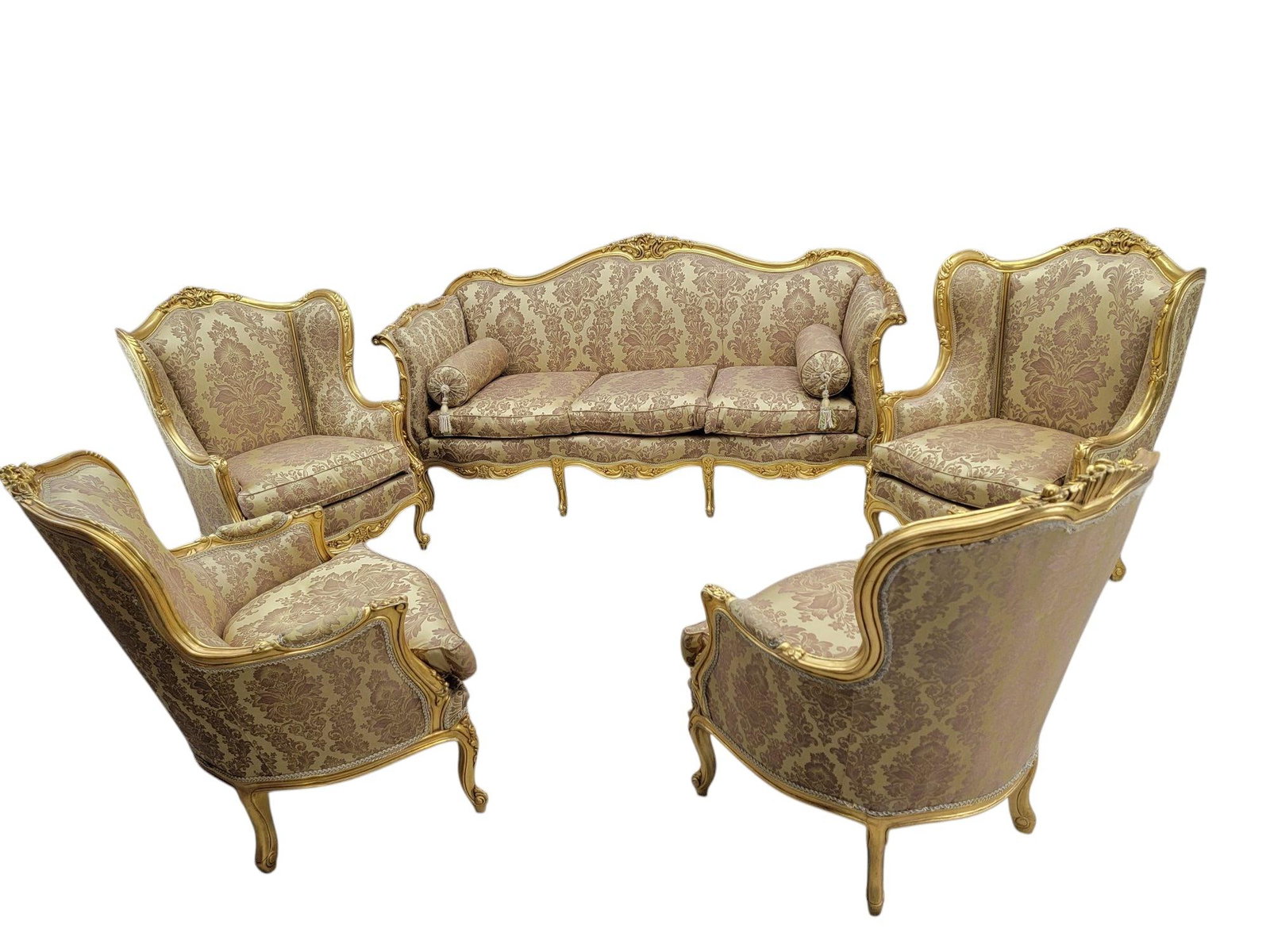 Antique French Regency Style Carved Gilded 5 Piece Parlor Set - 5