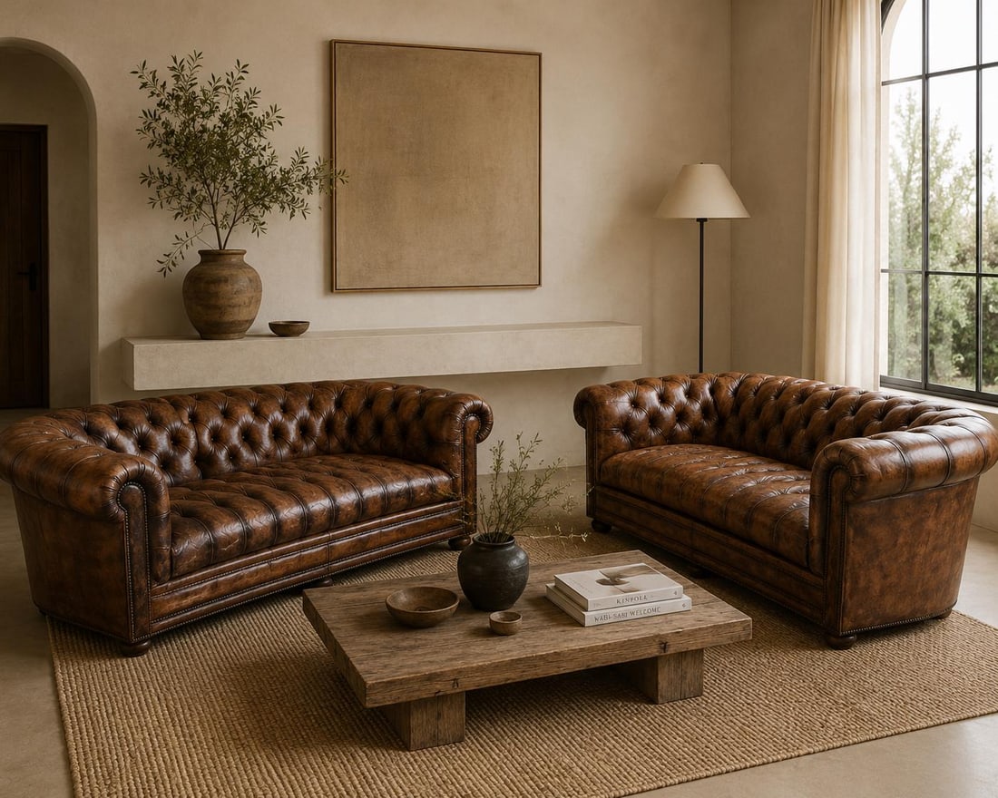 Vintage English Tufted Distressed Cognac Leather Chesterfield Sofa - Pair - 2