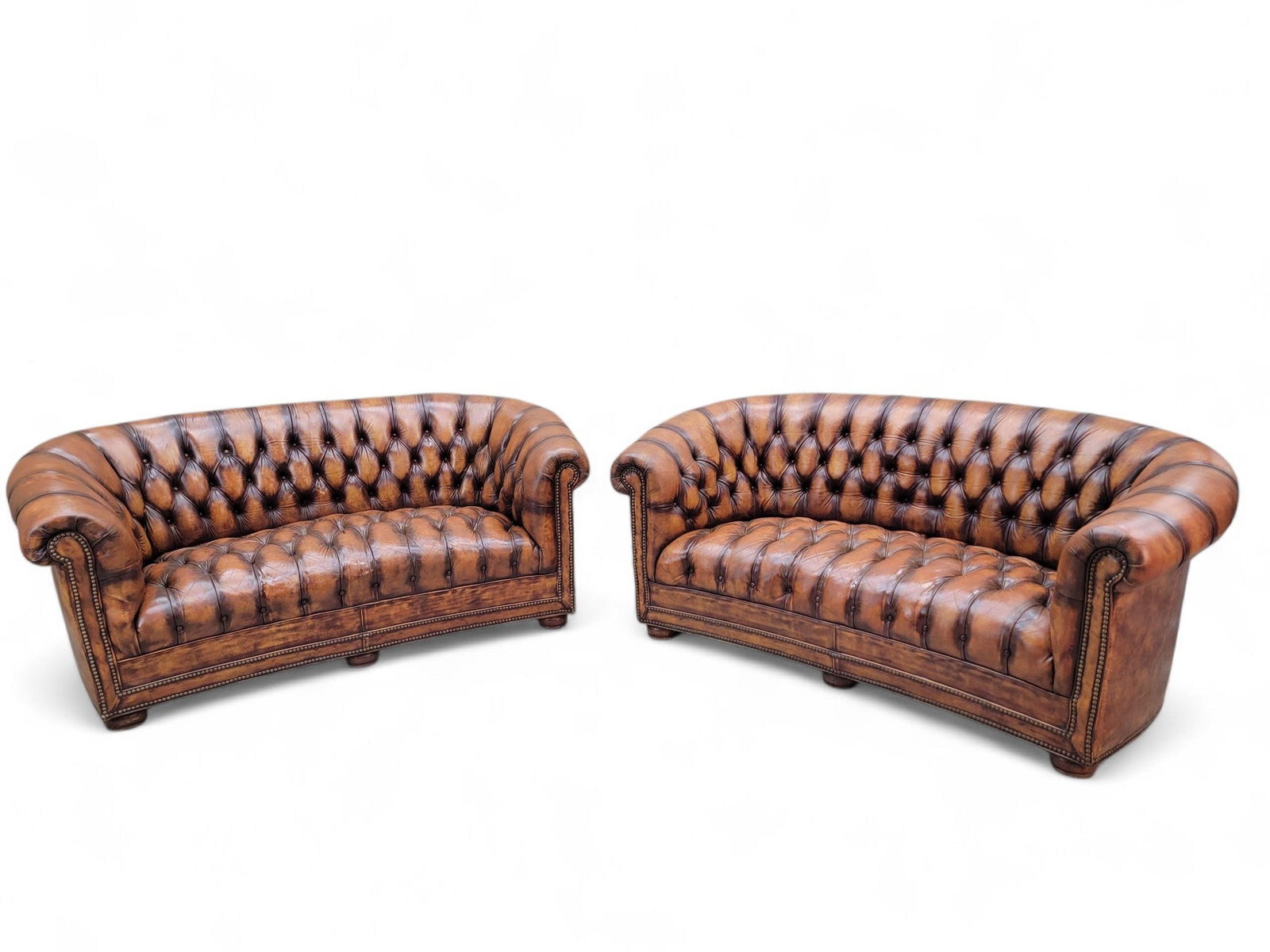 Vintage English Tufted Distressed Cognac Leather Chesterfield Sofa - Pair - 3