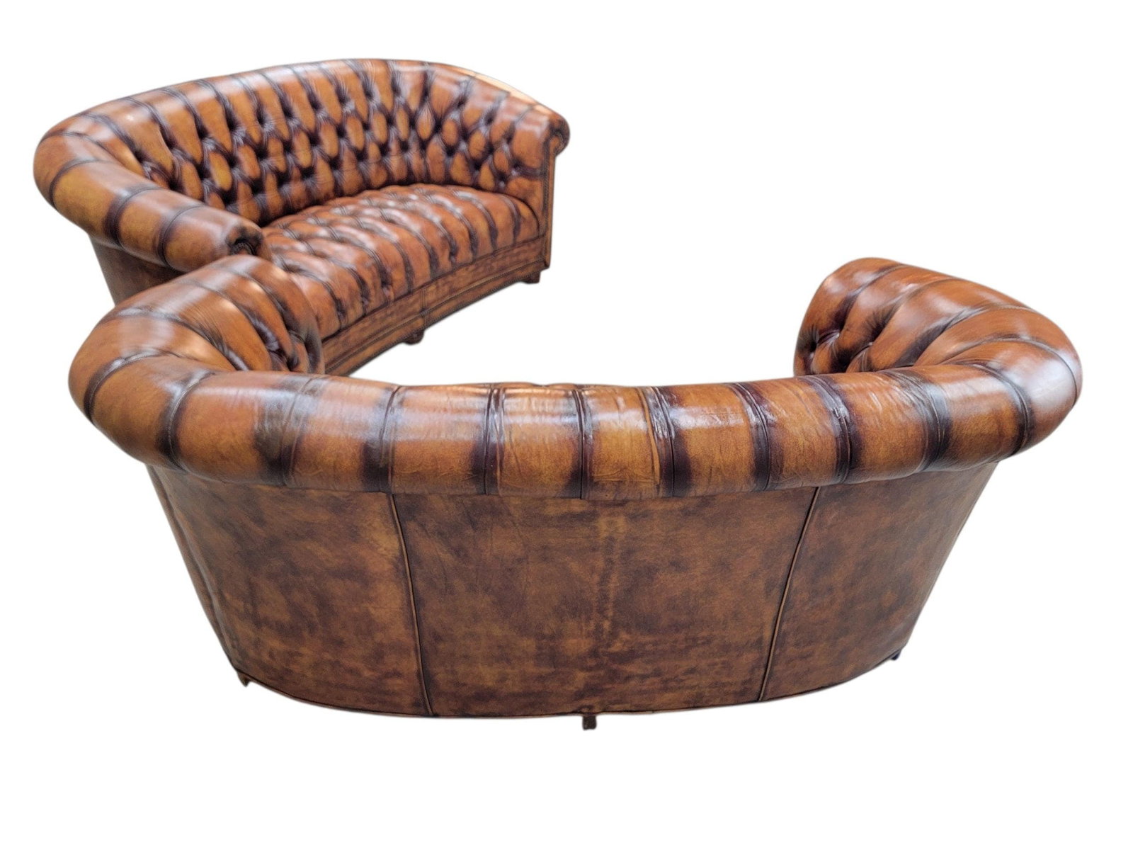 Vintage English Tufted Distressed Cognac Leather Chesterfield Sofa - Pair - 7