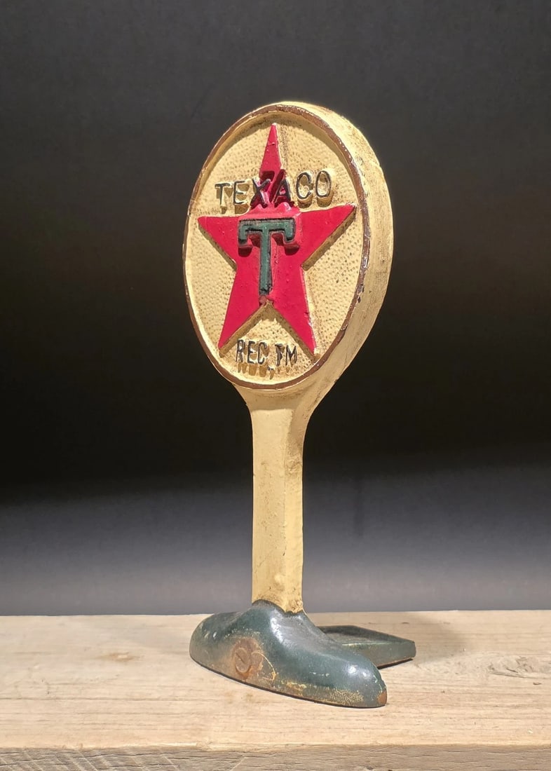 9.5" Texaco Cast Iron Doorstop Lollipop Sign Base Advertising - 7