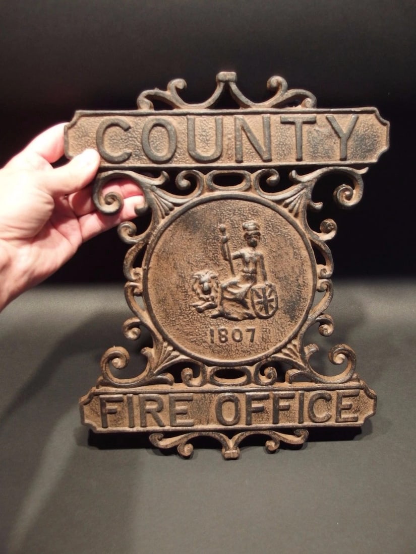 Heavy Cast Iron County Fire Office Sign 1807 Fireman - 5