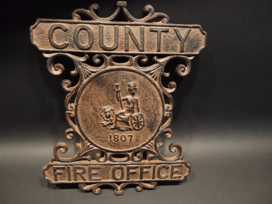 Heavy Cast Iron County Fire Office Sign 1807 Fireman - 8