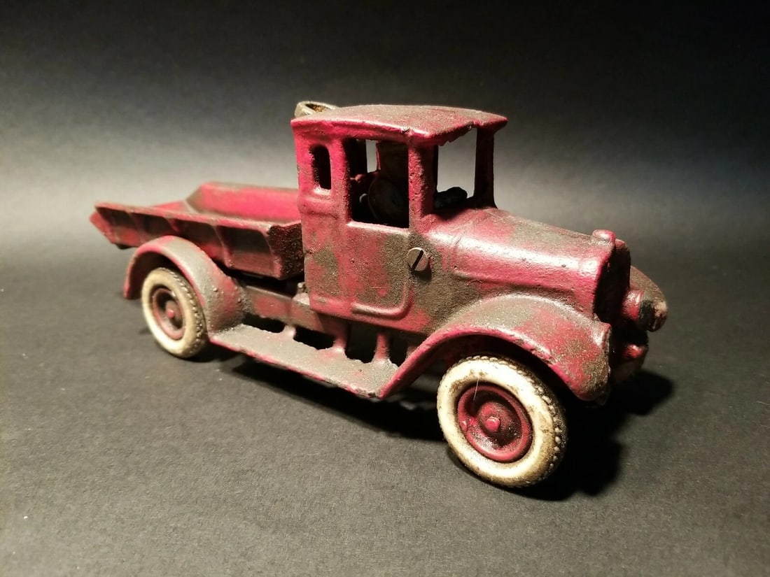 Cast Iron Red Dump Truck Flat bed Car Rubber Wheels - 2