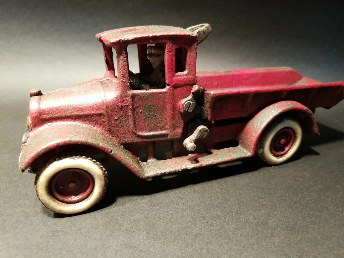 Cast Iron Red Dump Truck Flat bed Car Rubber Wheels - 5