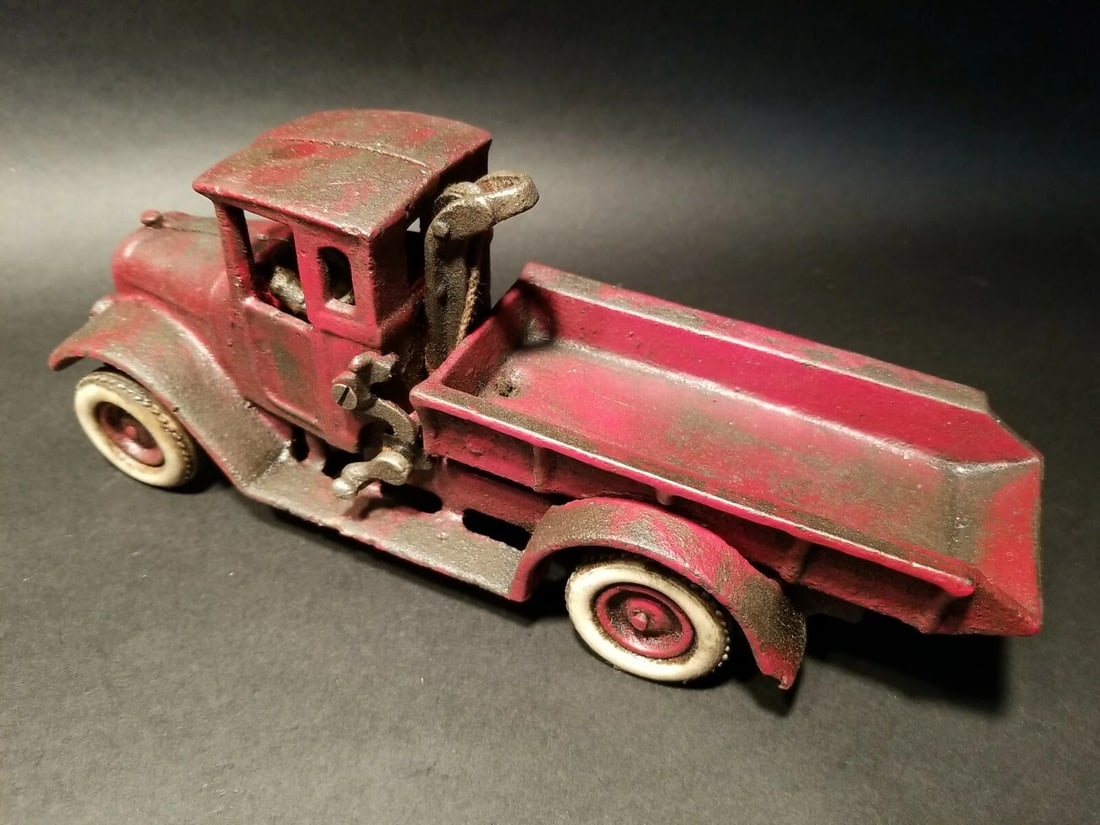 Cast Iron Red Dump Truck Flat bed Car Rubber Wheels - 7