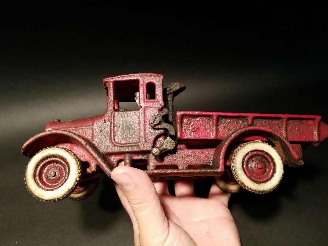 Cast Iron Red Dump Truck Flat bed Car Rubber Wheels - 9