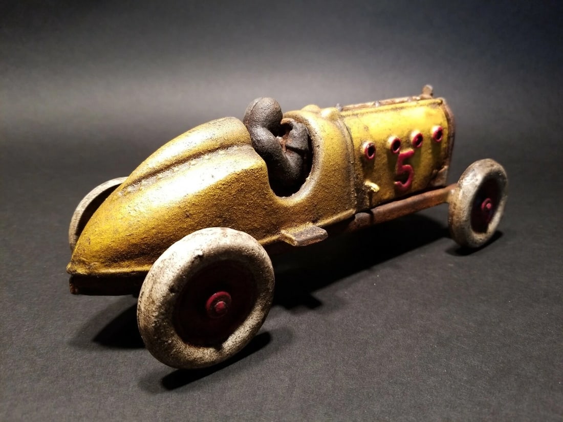 Cast Iron #5 Yellow Toy Race Car w Lifting Hood - 11