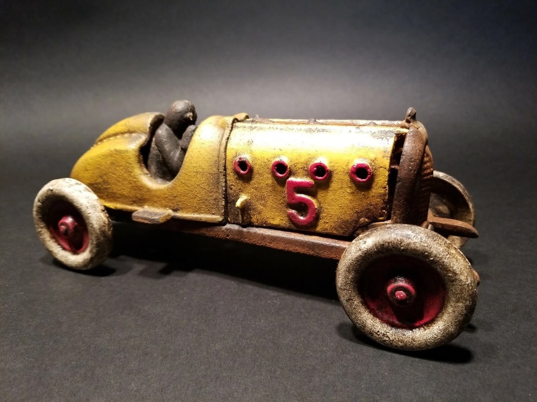 Cast Iron #5 Yellow Toy Race Car w Lifting Hood - 12