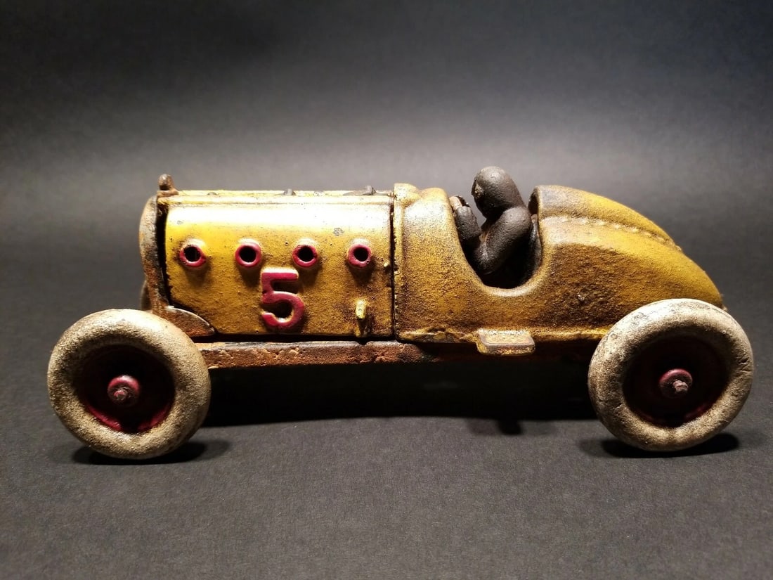 Cast Iron #5 Yellow Toy Race Car w Lifting Hood - 2