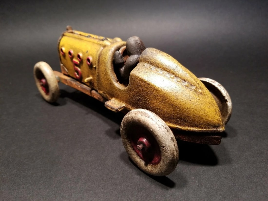 Cast Iron #5 Yellow Toy Race Car w Lifting Hood - 3