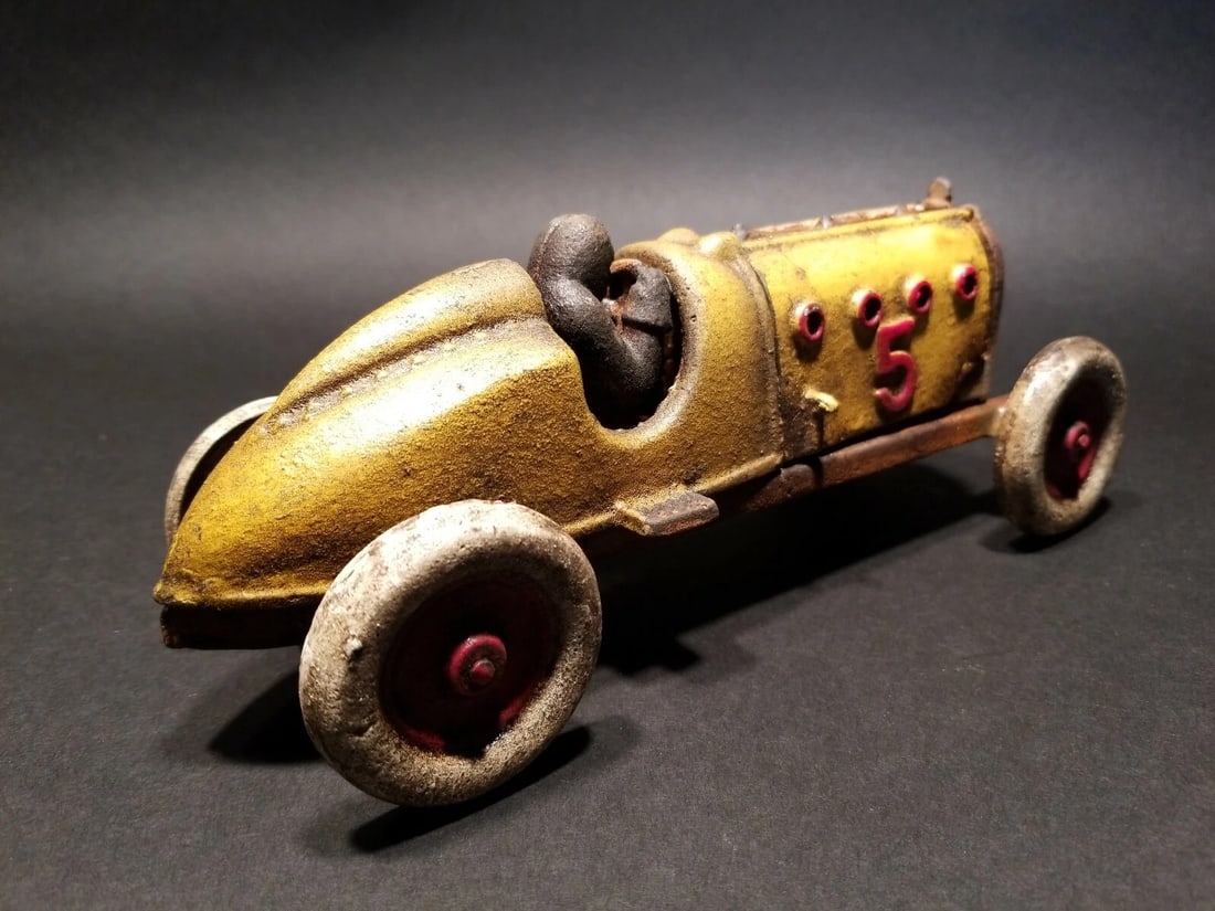 Cast Iron #5 Yellow Toy Race Car w Lifting Hood - 4