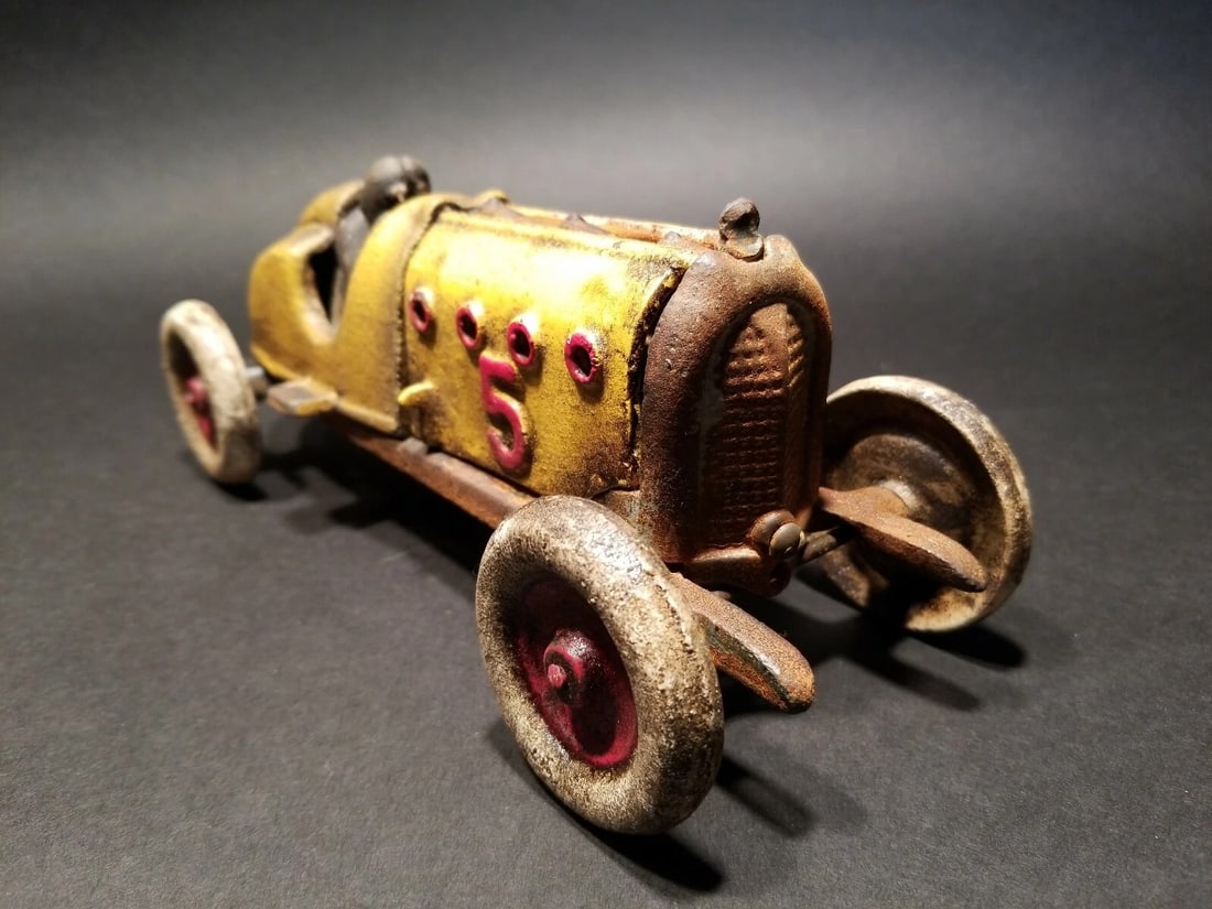 Cast Iron #5 Yellow Toy Race Car w Lifting Hood - 5