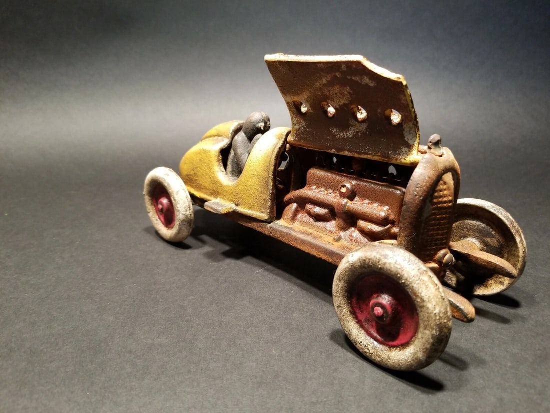 Cast Iron #5 Yellow Toy Race Car w Lifting Hood - 6