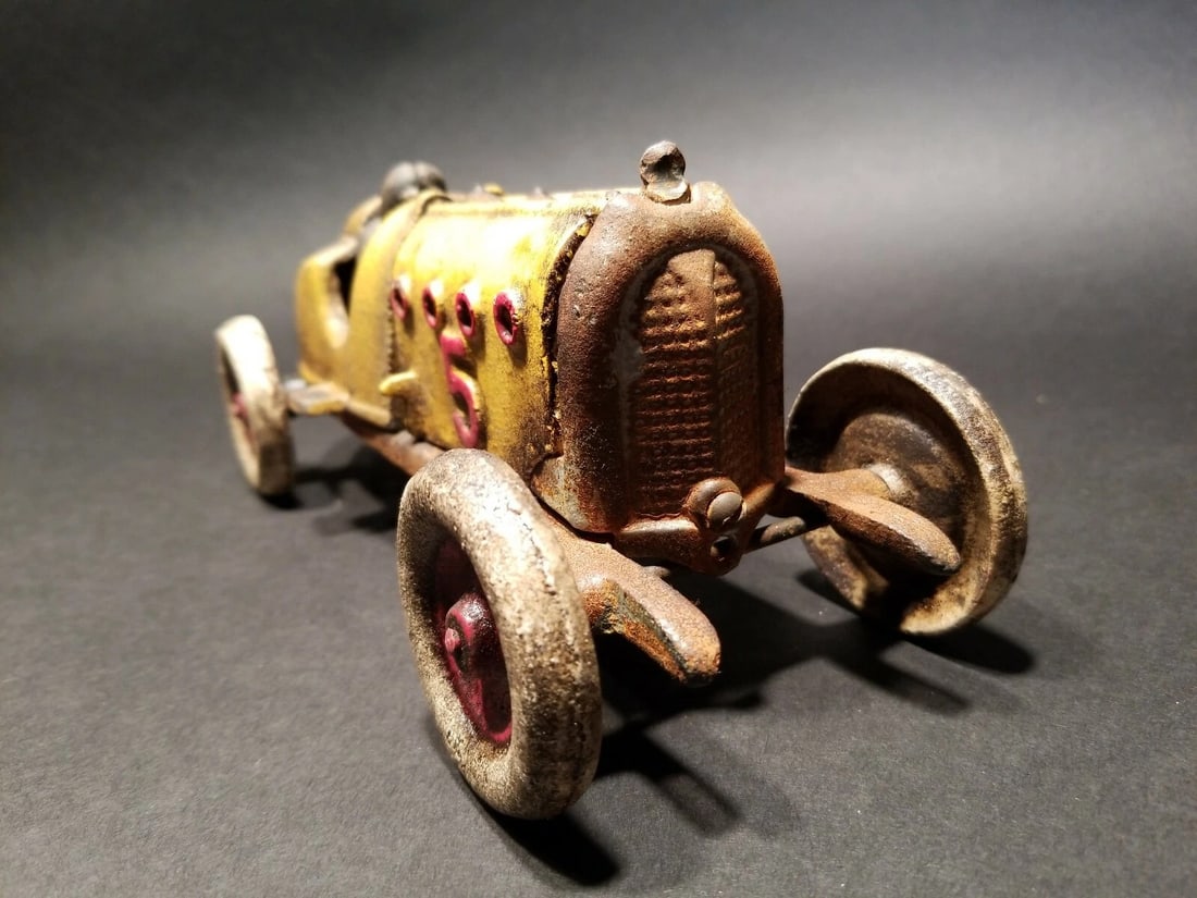 Cast Iron #5 Yellow Toy Race Car w Lifting Hood - 8