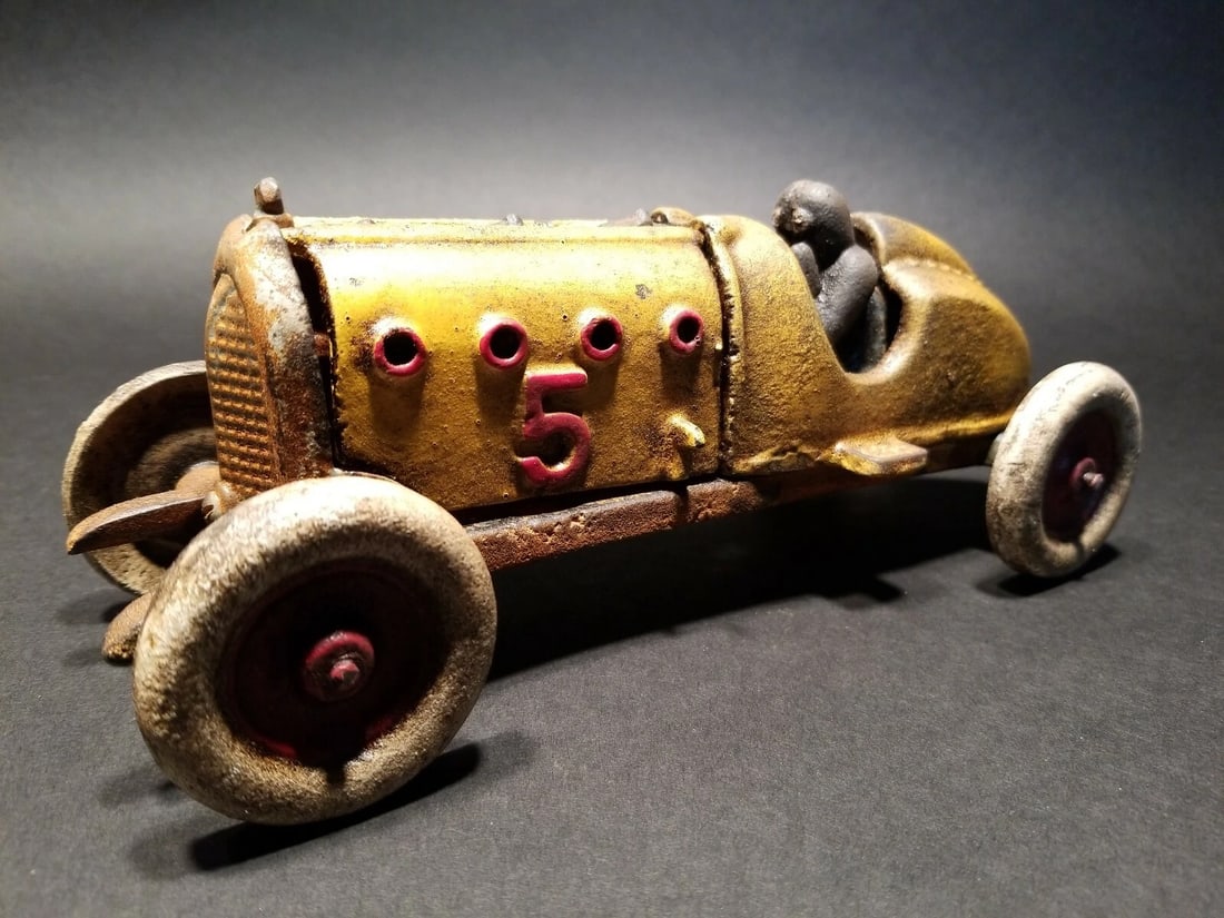 Cast Iron #5 Yellow Toy Race Car w Lifting Hood - 9