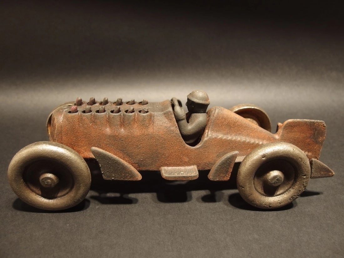 Cast Iron Toy Race Car w Moving Flames "Hubley" - 7