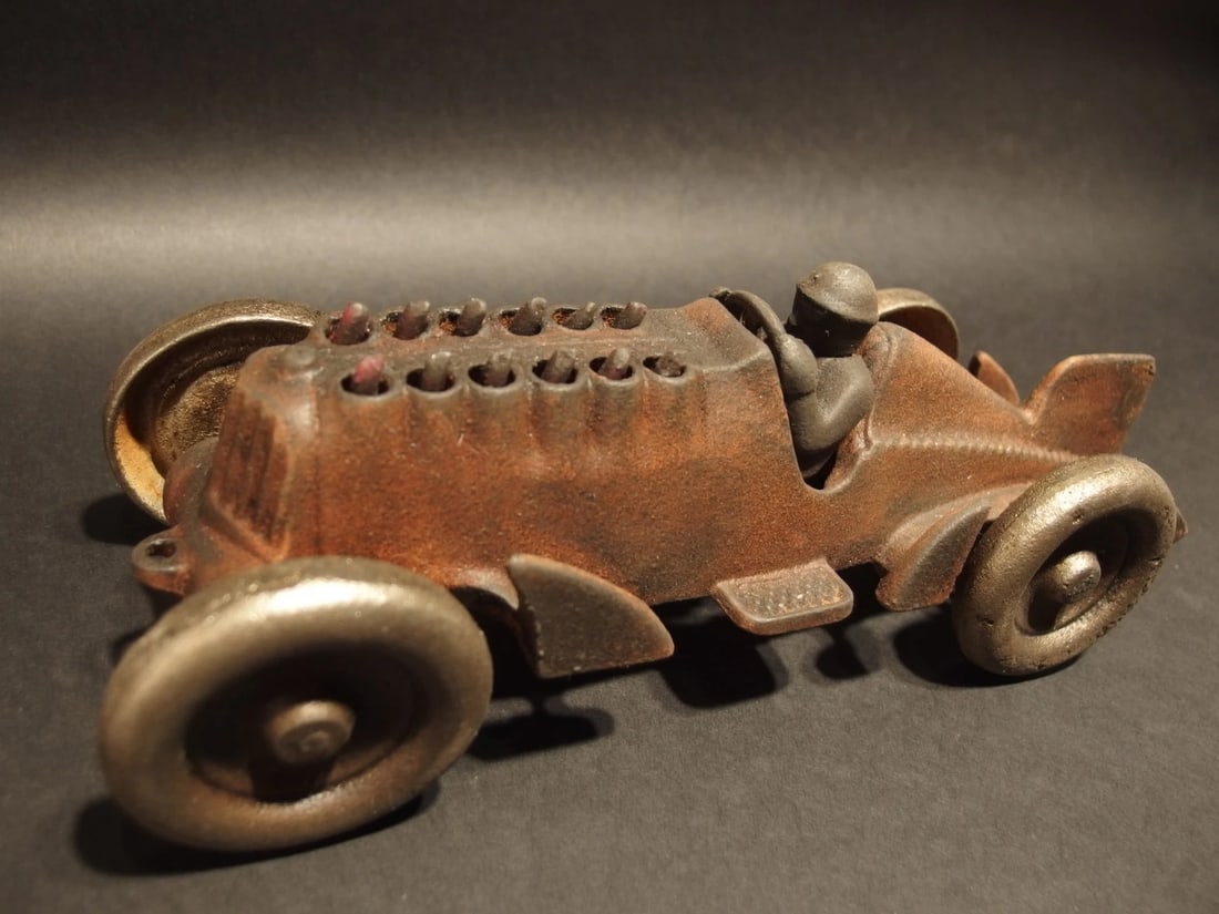 Cast Iron Toy Race Car w Moving Flames "Hubley" - 8