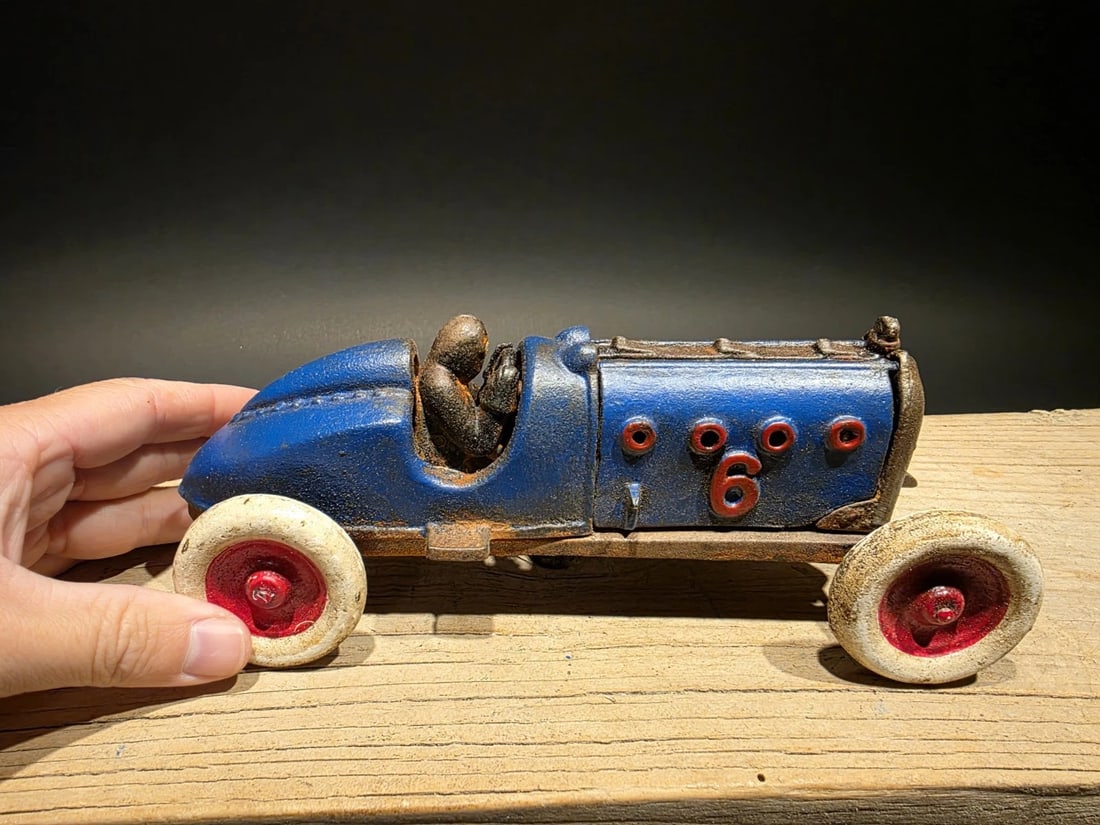 Blue Cast Iron Toy Race Car w Lifting Hood - 10
