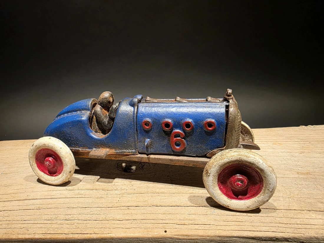 Blue Cast Iron Toy Race Car w Lifting Hood - 11