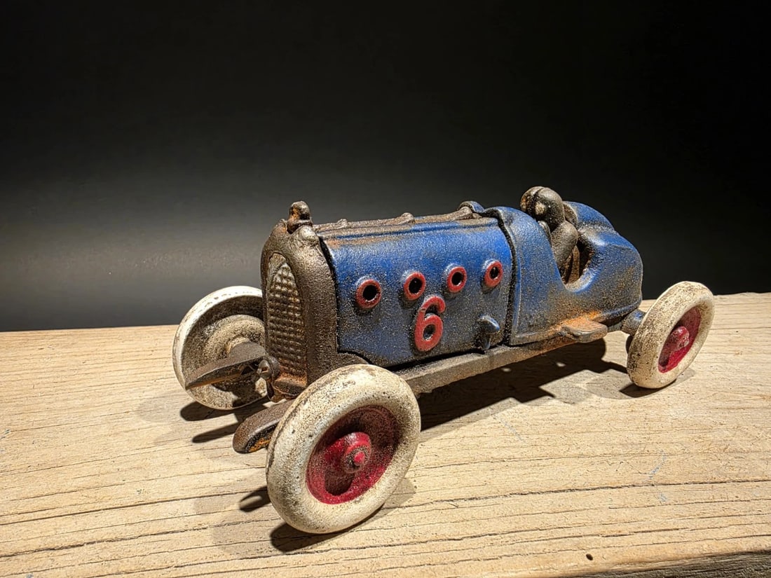 Blue Cast Iron Toy Race Car w Lifting Hood - 12