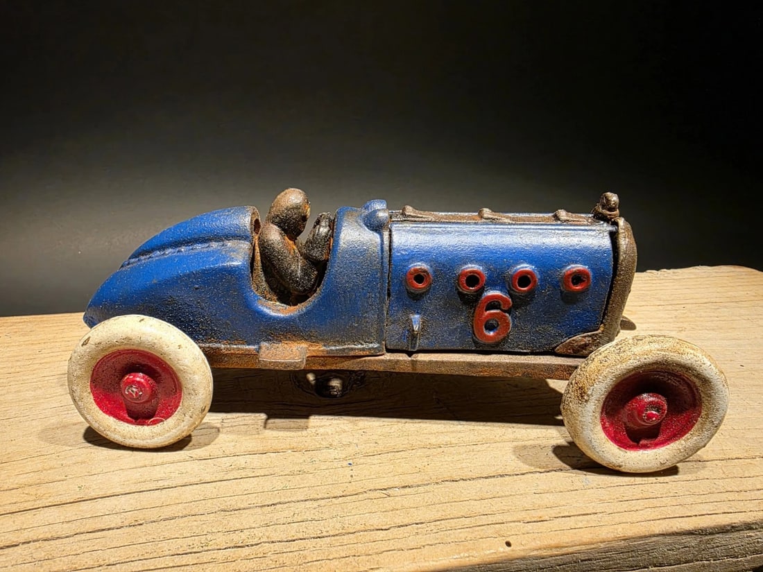 Blue Cast Iron Toy Race Car w Lifting Hood - 3