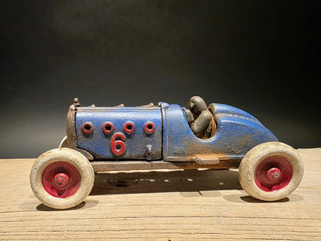 Blue Cast Iron Toy Race Car w Lifting Hood - 4