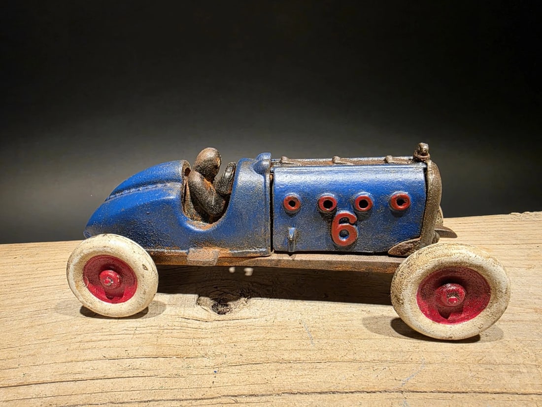 Blue Cast Iron Toy Race Car w Lifting Hood - 5