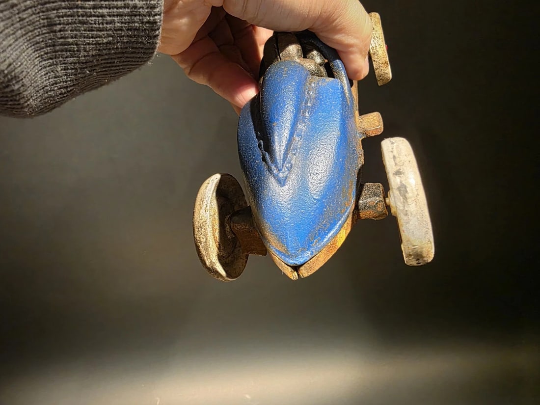Blue Cast Iron Toy Race Car w Lifting Hood - 7