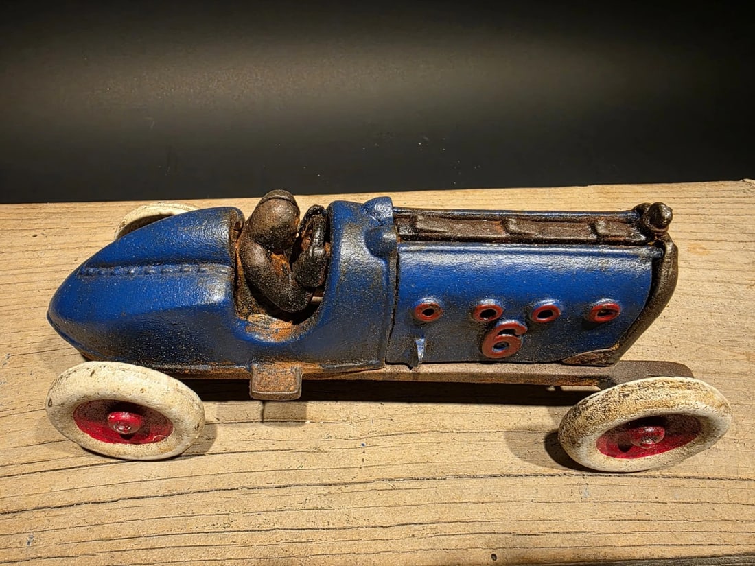 Blue Cast Iron Toy Race Car w Lifting Hood - 9