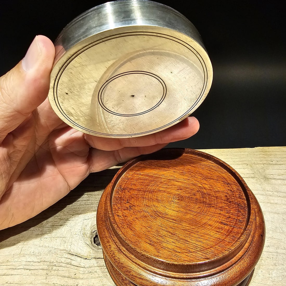 Turned Mahagony Wood and Silver Plated Bronze Sundial Compass - 6