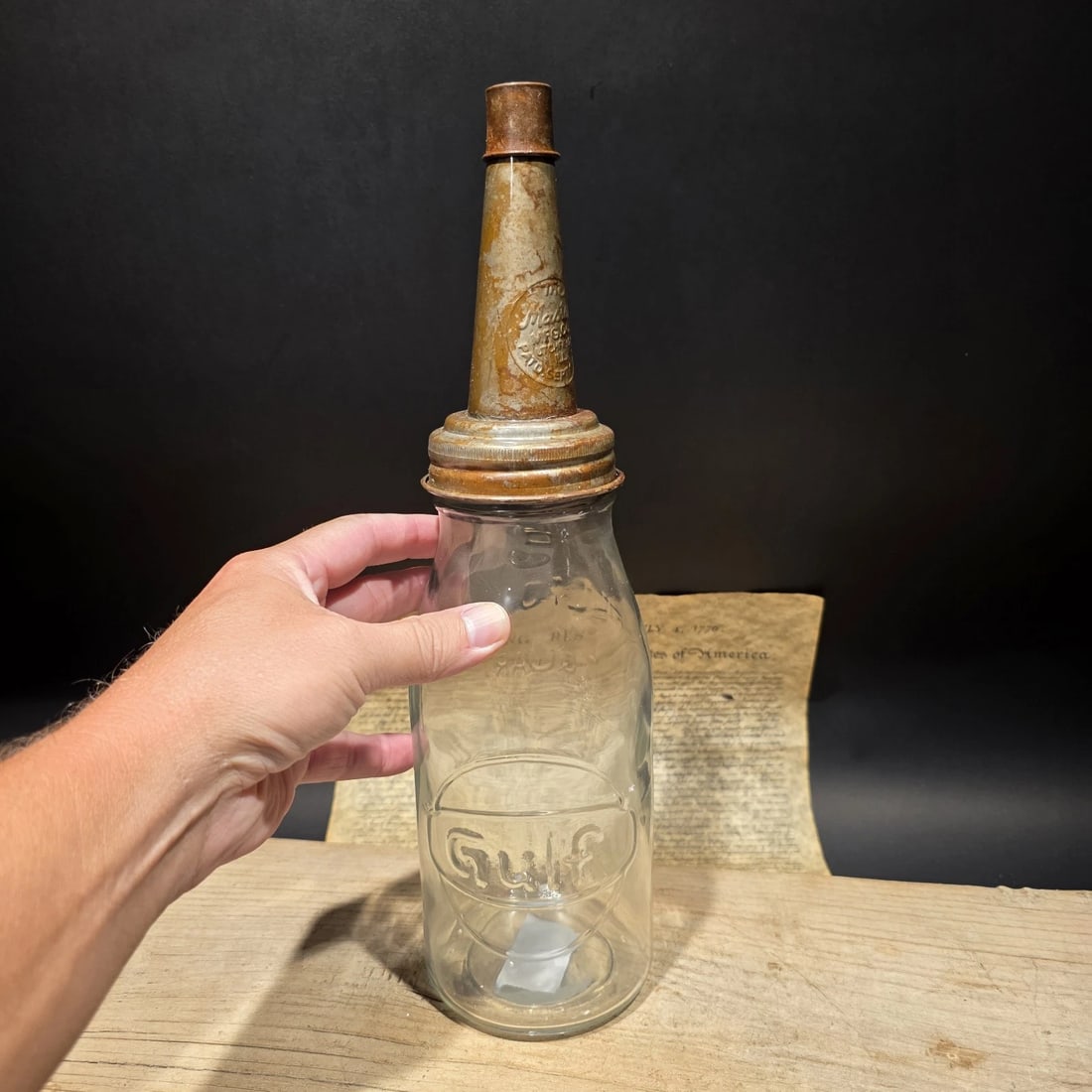 1930s Style Glass Gulf Oil Bottle w Spout - 12
